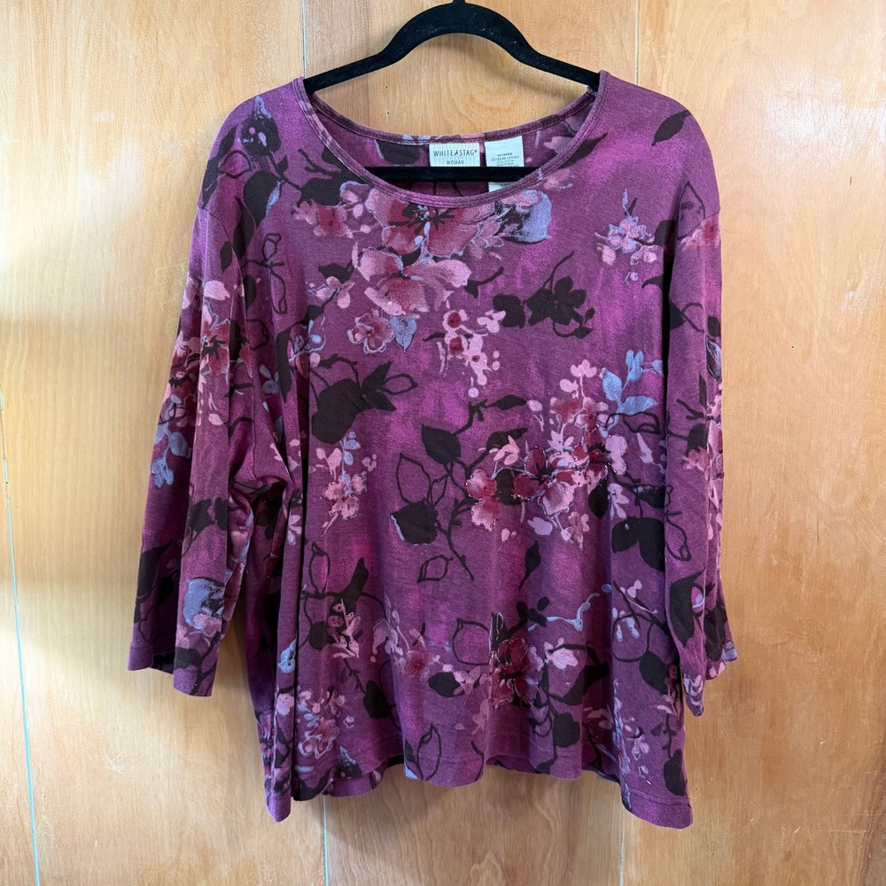 White Stag Woman Purple Floral Beaded Cotton Top 3X 22W 24W 3/4 Sleeve Knit